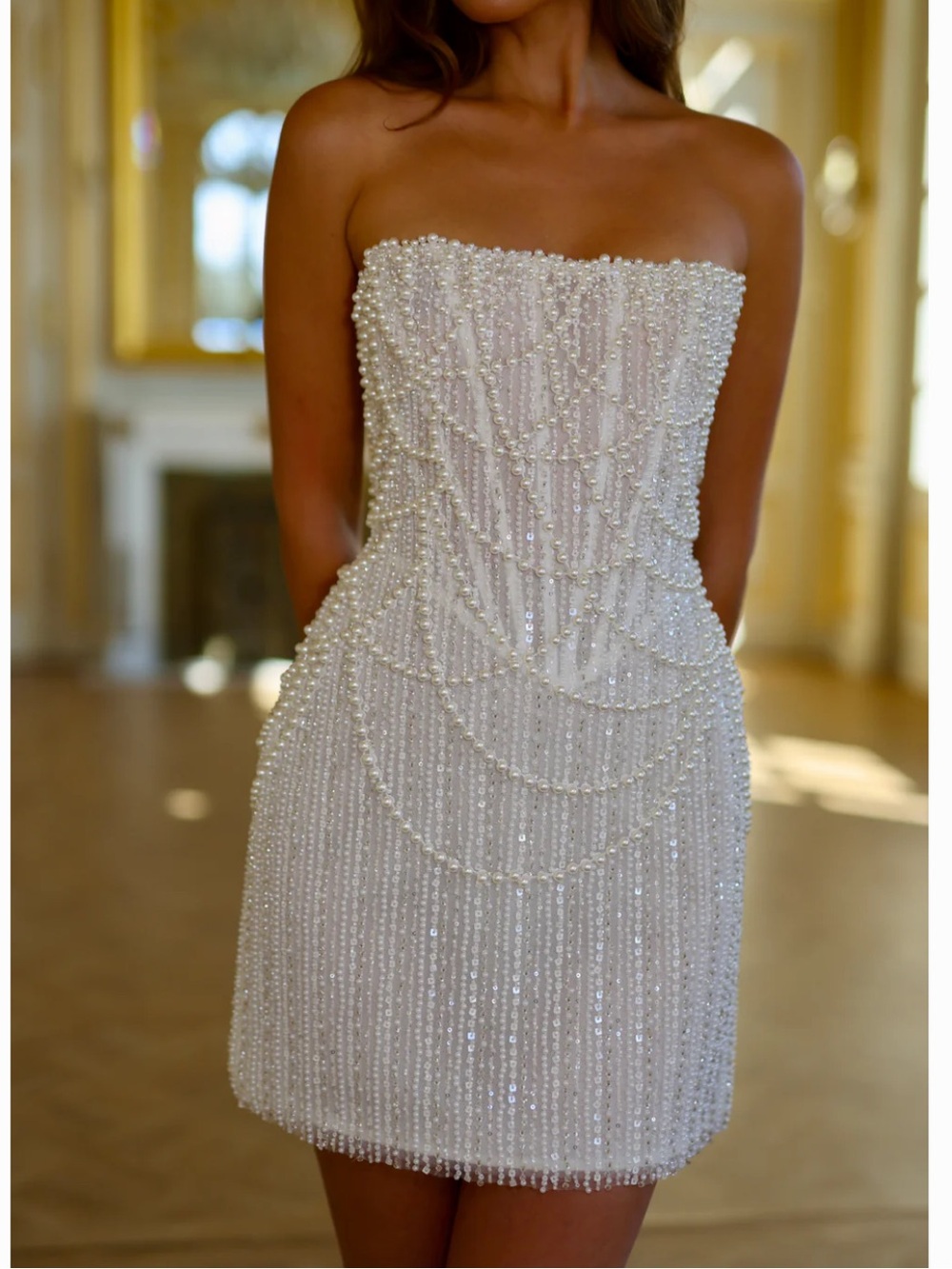 Strapless Ivory Pearl-Beaded Evening Dress